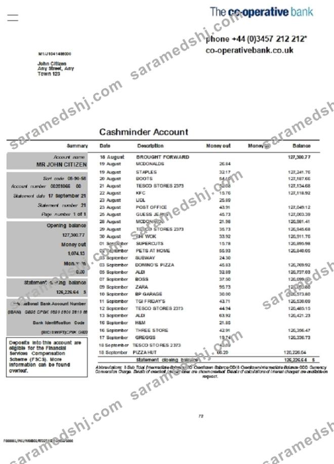 United Kingdom The Co-operative bank statement in Word and PDF format